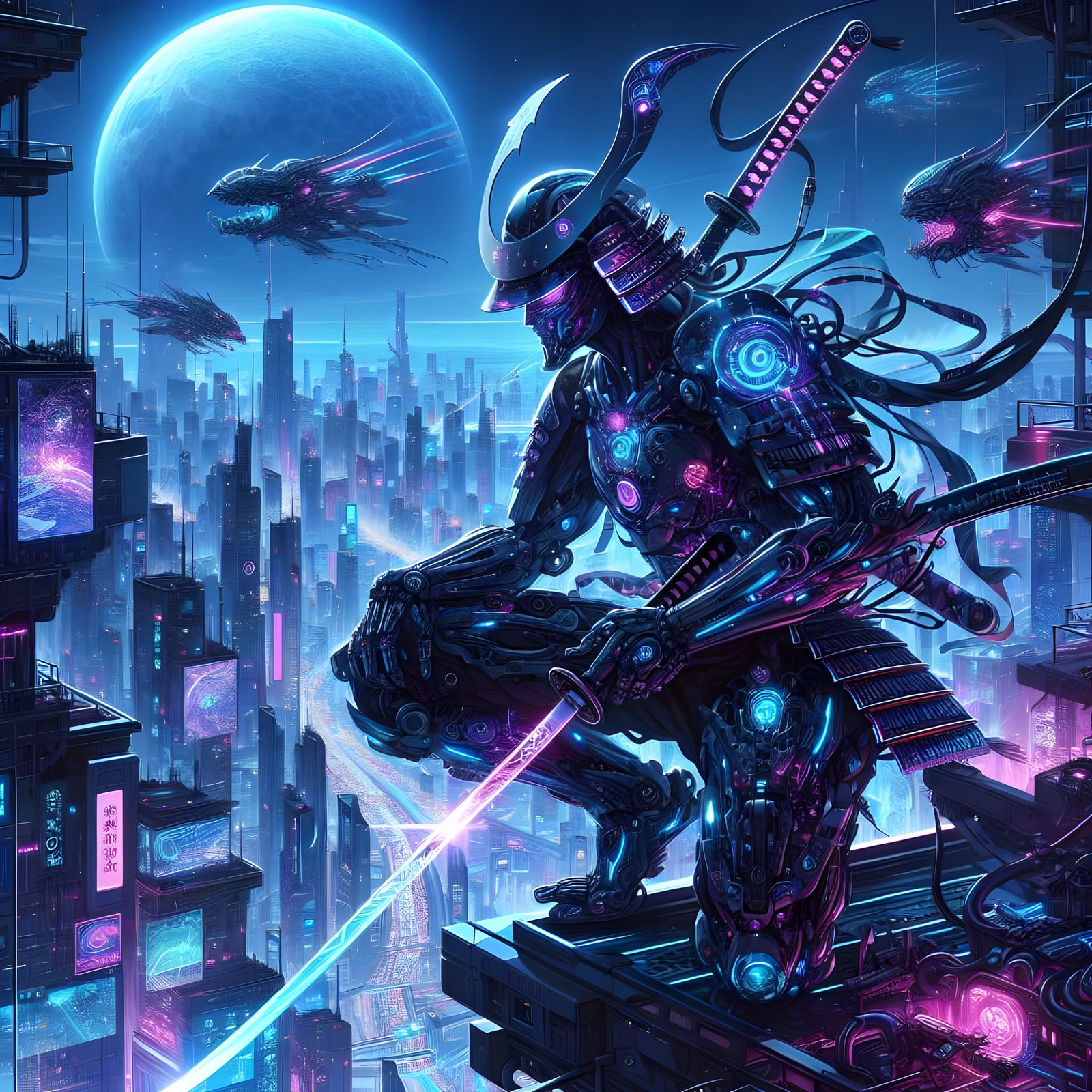 A jaw-dropping anime masterpiece of a futuristic samurai standing on the edge of a neon-lit skyscraper in a sprawling cy...