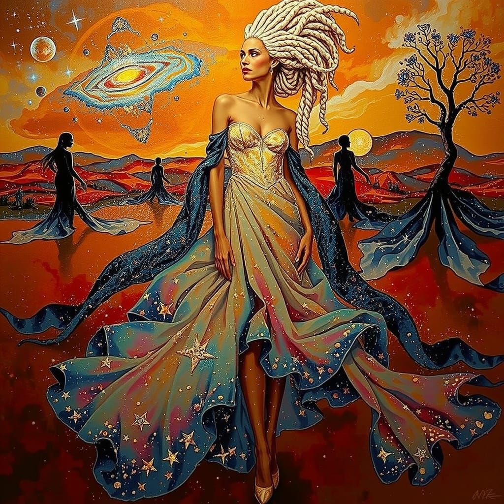 Cosmic Figure in Stardust Gown: Hyperrealistic Expressionism