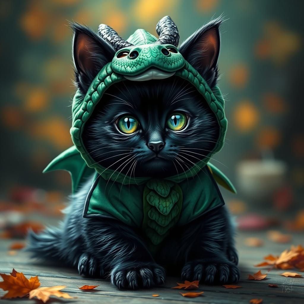 Black Cat in Dragon Costume, Digital Splash Art