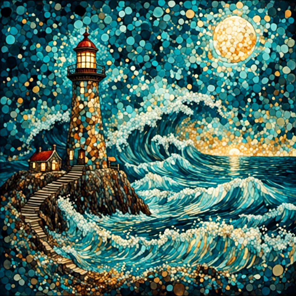 Pointillist Lighthouse by the Sea in Moonlight