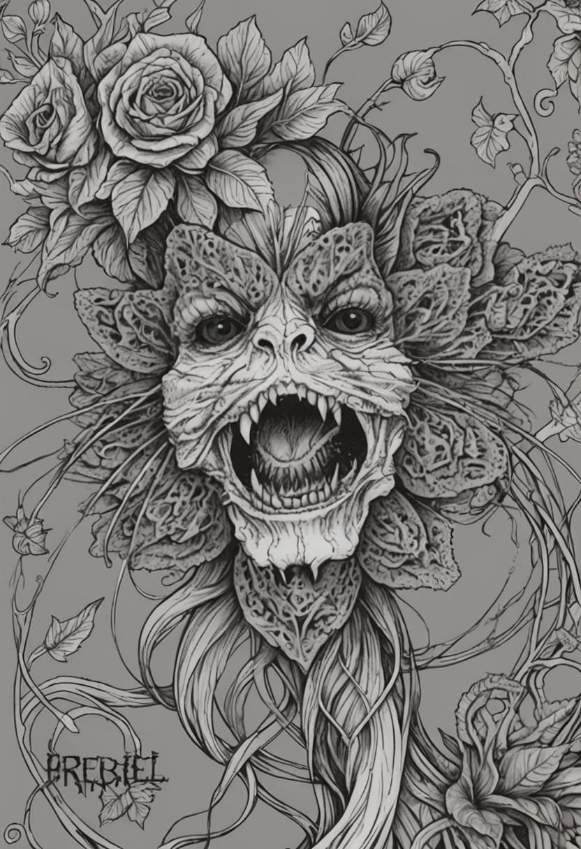Gothic Flower Monster Line Art for Coloring Book