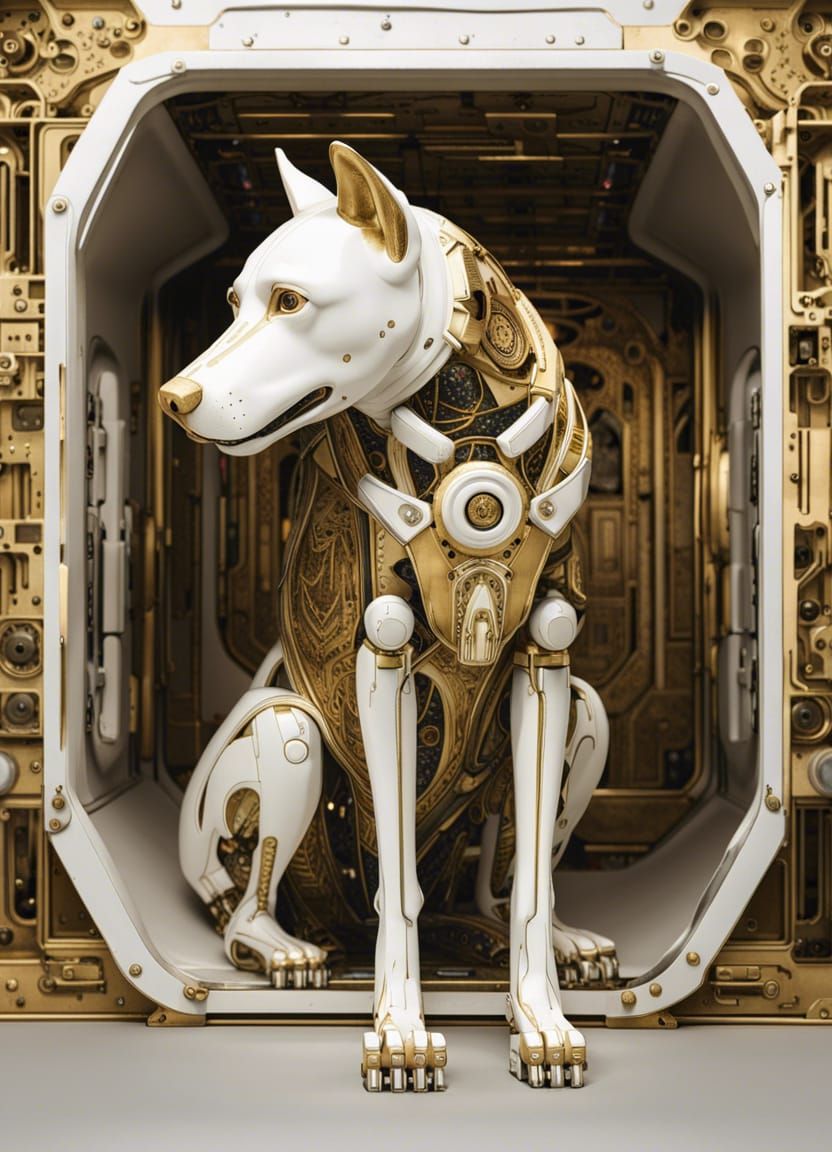 An image of ceramic white and gold mechanical robotic dog posing, inside post apocalypse dog kennel highly detailed cent...