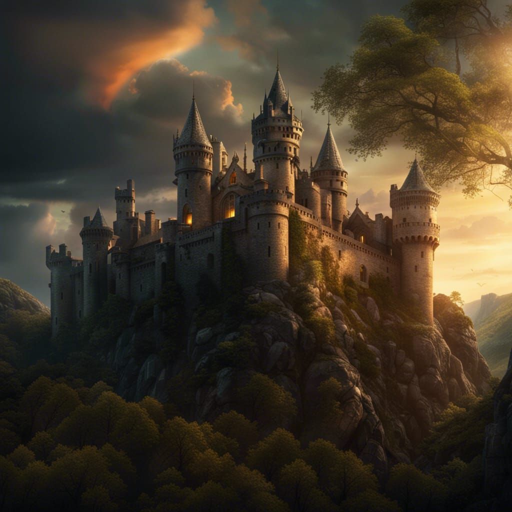 Medieval Castle in Forest at Sunset: Digital Matte Painting