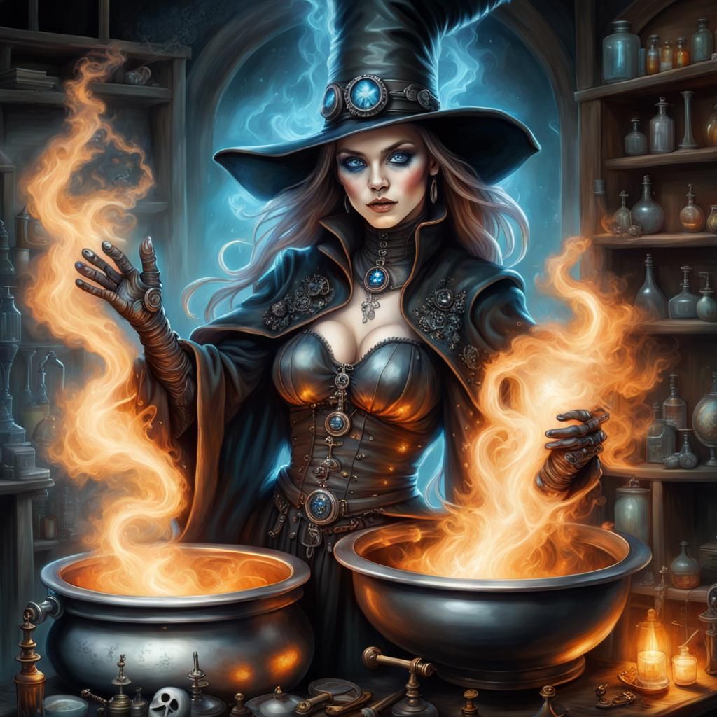Steampunk Witch Brewing Potion in Alchemist Lab