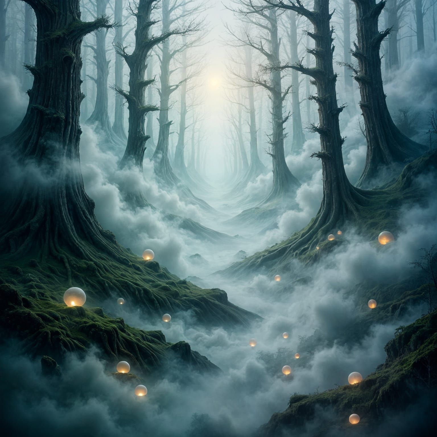 Surreal Forest Landscape in Swirling Fog