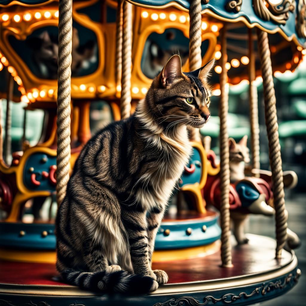 Hyperrealistic Cat on a Merry-Go-Round