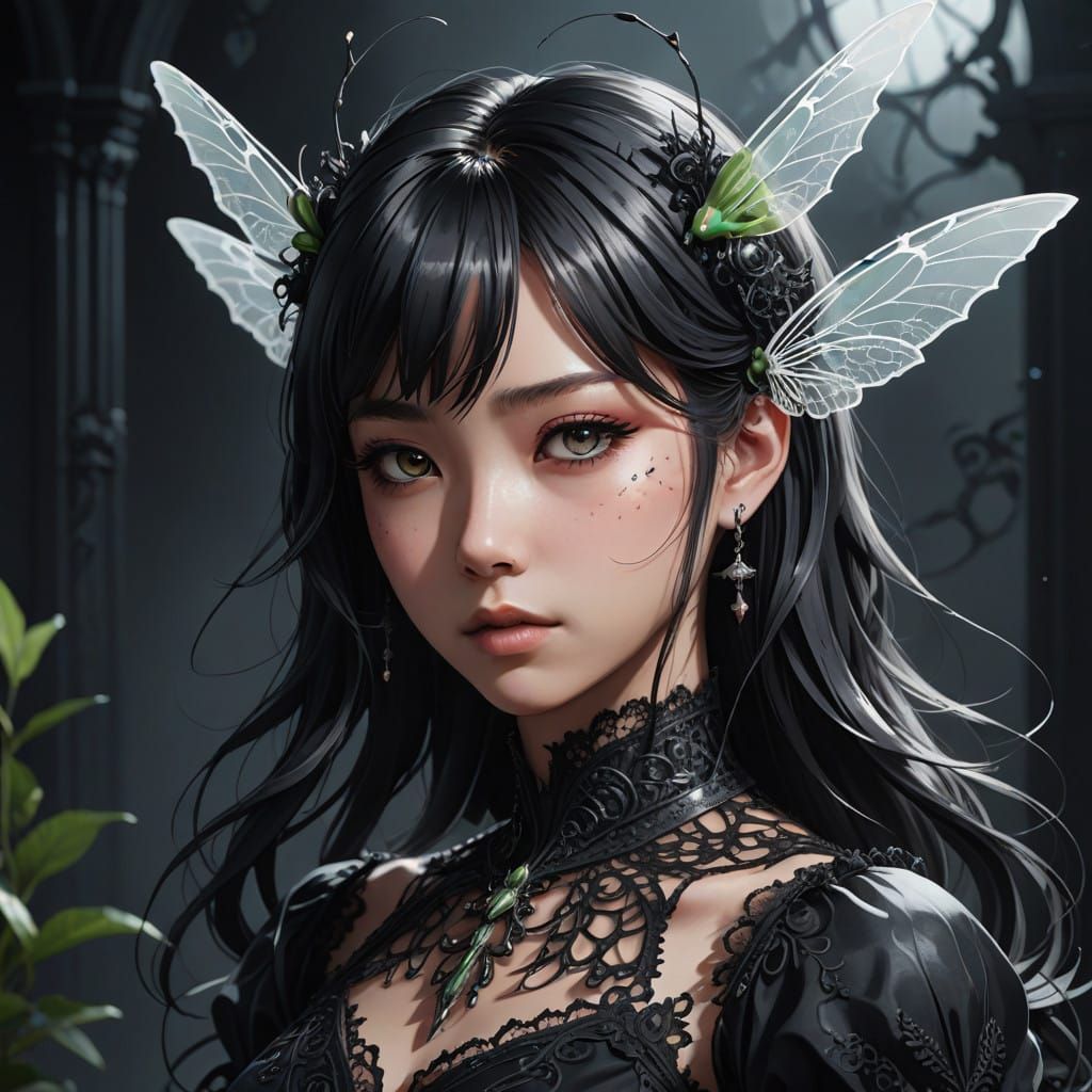 Gothic Anime Girl with Praying Mantis Features