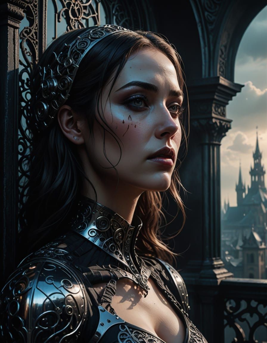 Cybernetic Woman on Gothic Balcony in Smog-Filled City