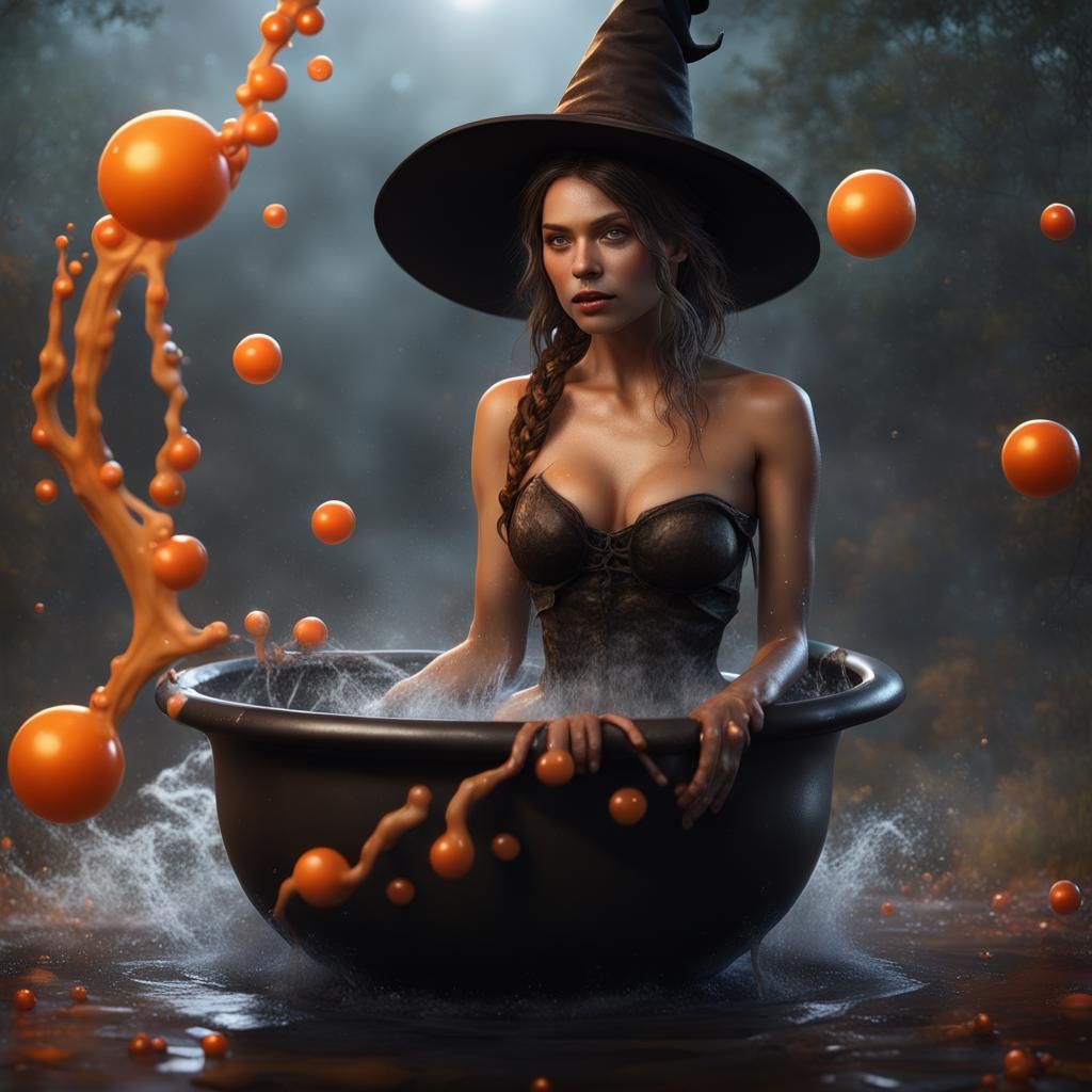 Beautiful Witch in Cauldron Bath, Fantasy Concept Art