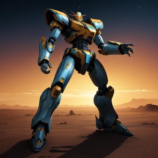 Golden Alien Knight on Desolate Planet: Mecha Anime Art