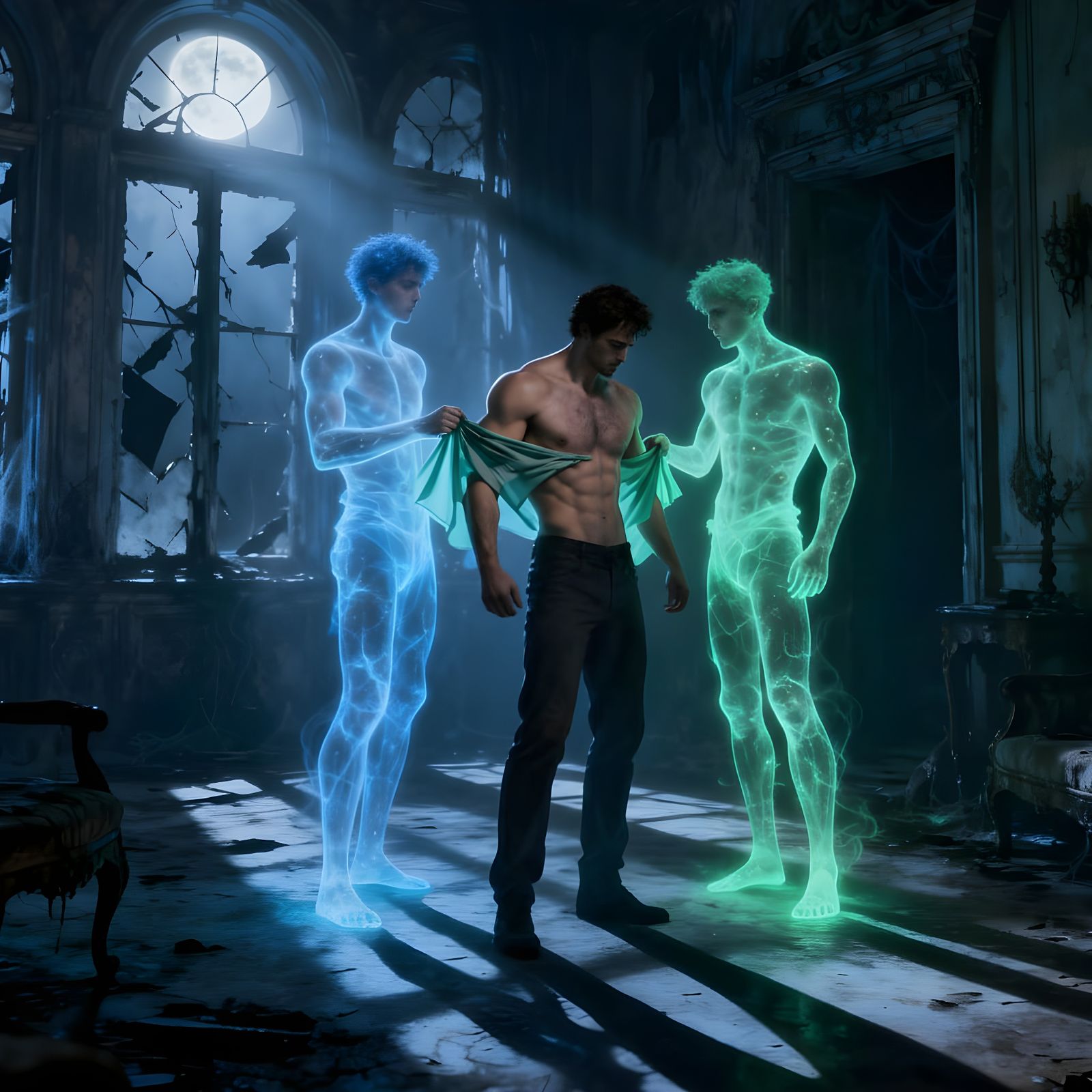 Ghostly Figures in Haunted Mansion Tear Shirt Off Muscular M...