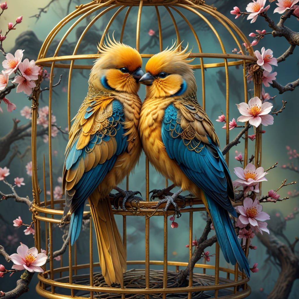 Fluffy Chinese Birds Hugging in a Golden Cage