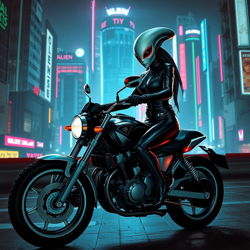 Alien Woman Rides Motorbike in Dystopian Cyberpunk City