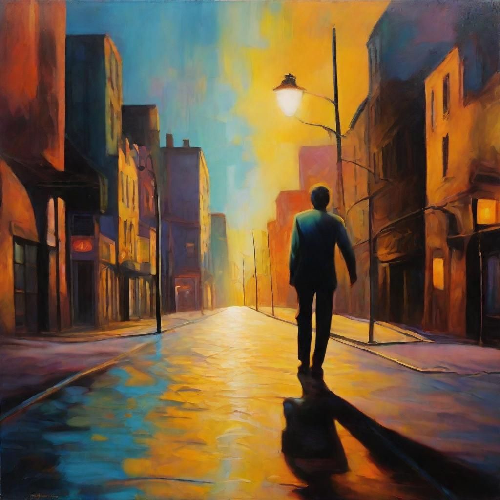 Surreal Person Crawling Through Nostalgic Cityscape