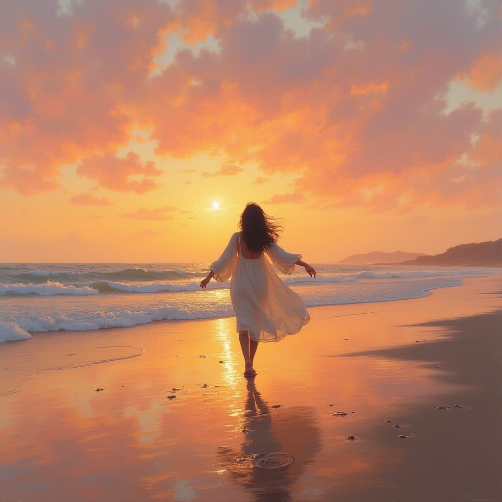 Twilight Beach Silhouette in Impressionistic Realism