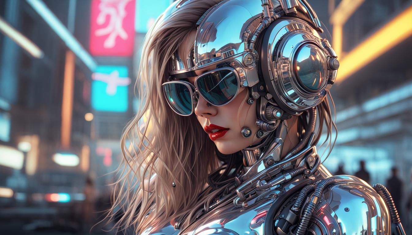 Chrome Cyborg Pin-Up Girl in Retro-Futuristic City