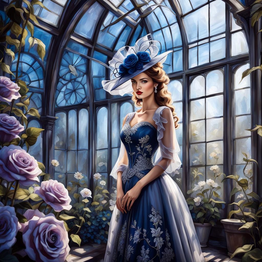 Organza Hat Beauty in Greenhouse: Pastel Painting