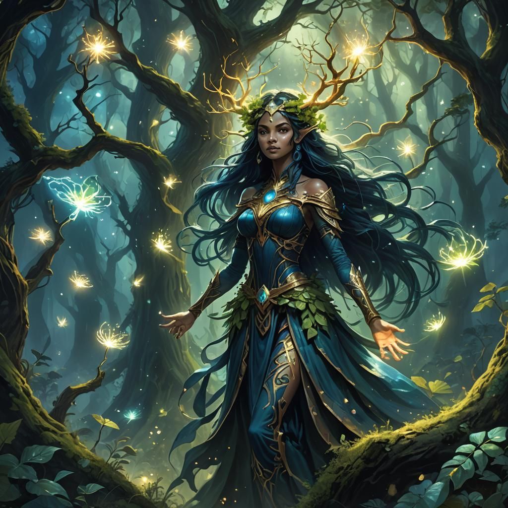 Verdant Enchantress Summons Storm: Fantasy Concept Art