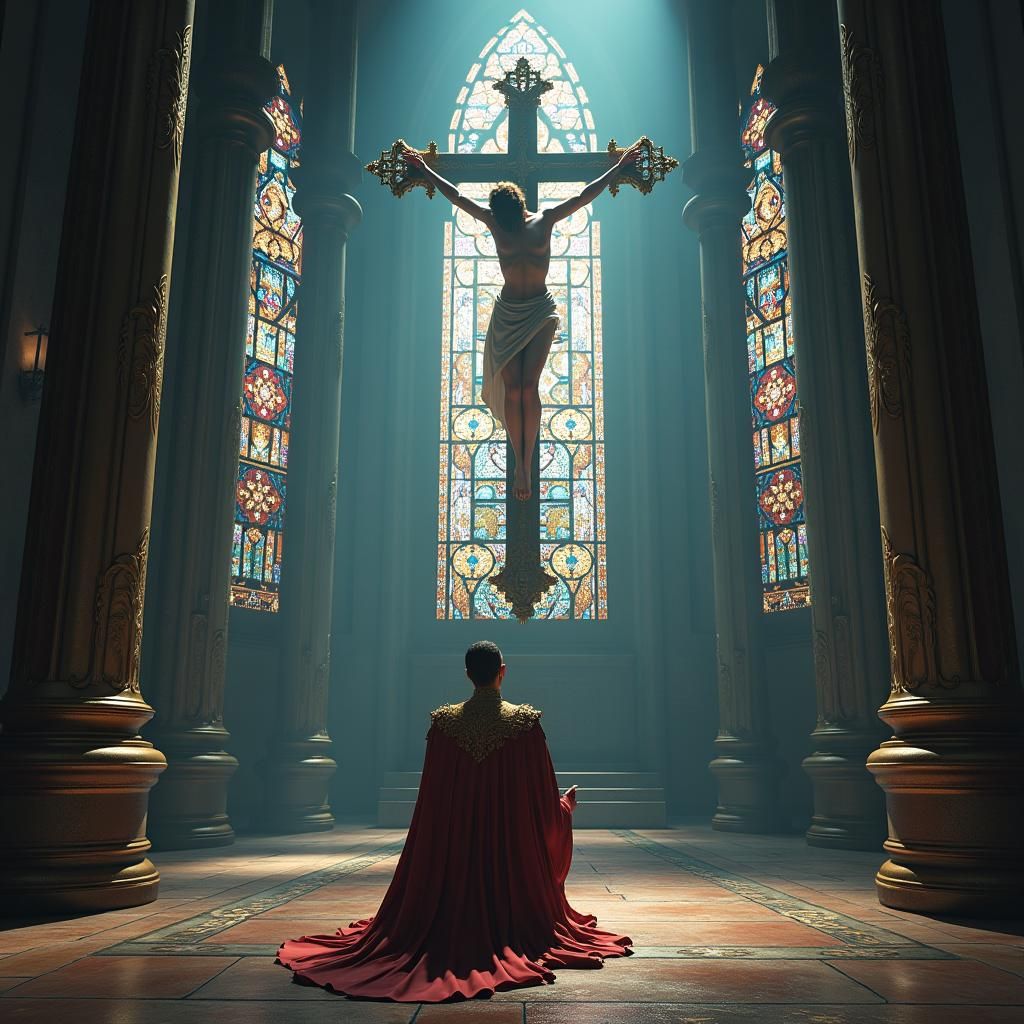 Devout Man Kneeling Before Cross in Gothic Church