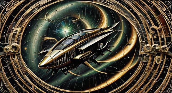 Art Deco Spaceship Speeding Through Light Vortexes