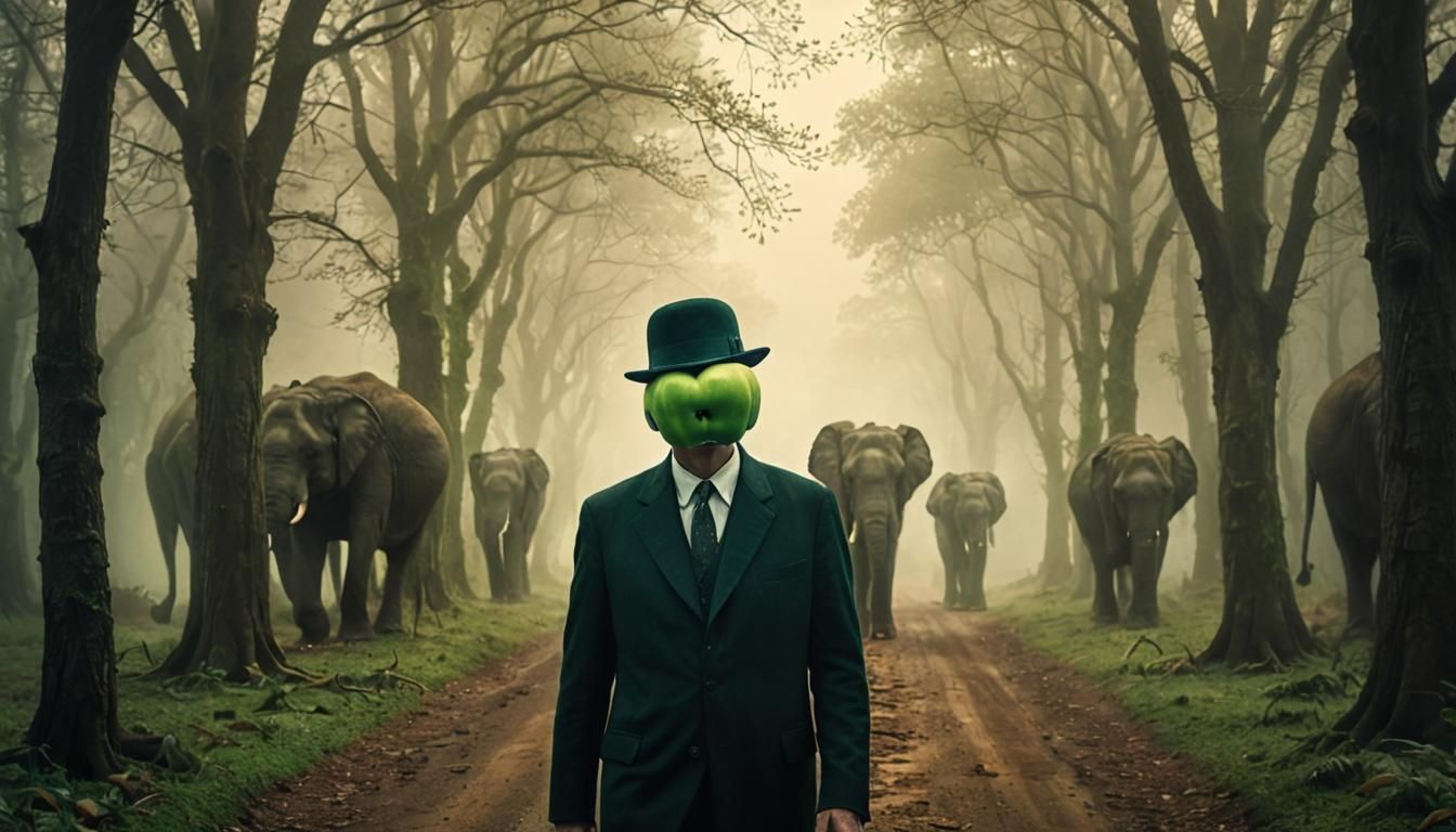 Surreal Man Walks with Elephants in Foggy Forest