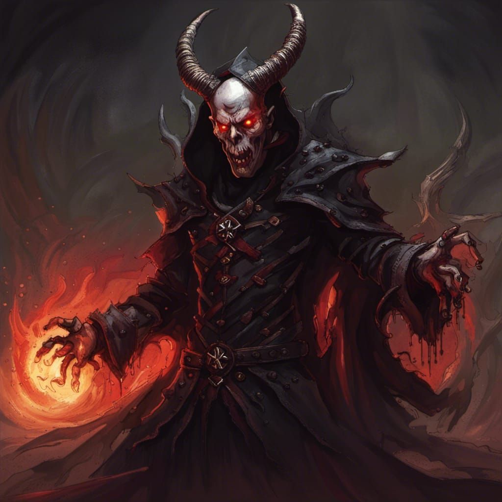 Demon, antichrist, red skin, horns, grotesque, fire and brimstone, skeletal features, near death, dark clothes tattered,...