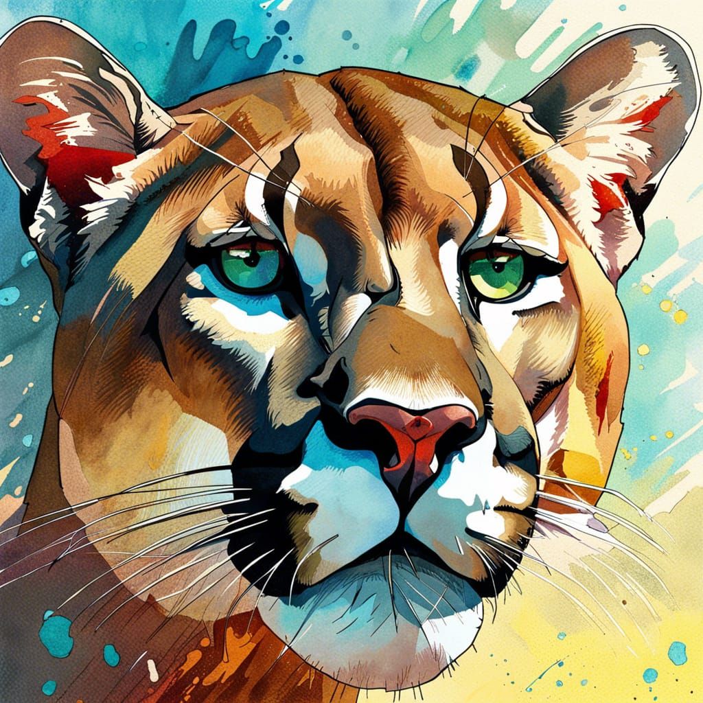 Hyperrealistic Mountain Lion in Watercolor Style