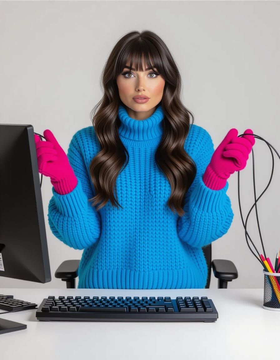 Bewildered Woman in Blue Pullover Holding Computer Leads