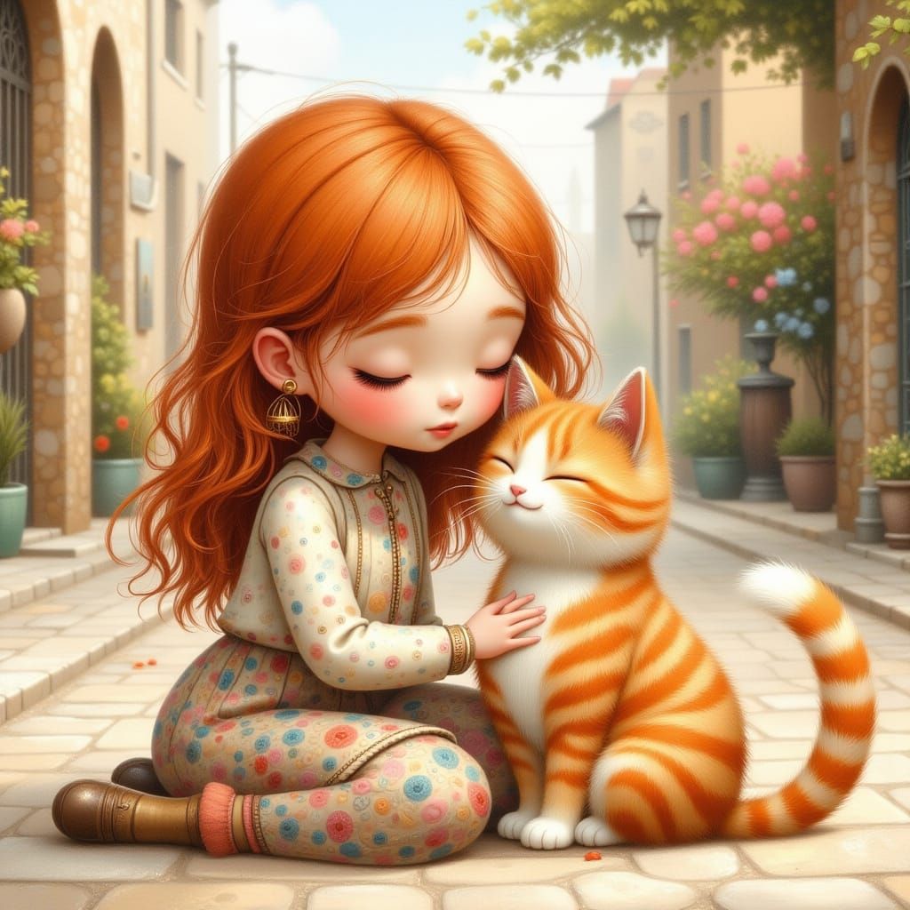 Girl Brushing Cat in Whimsical Digital Watercolor Style