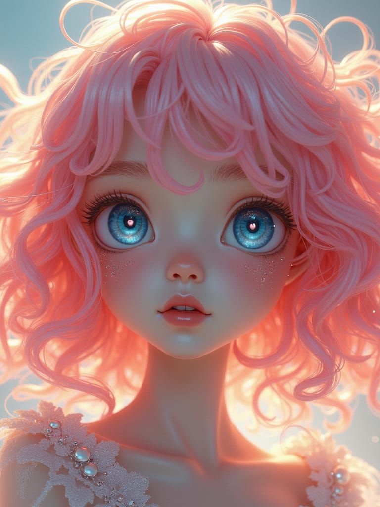 Pink-Haired Girl with Luminous Blue Eyes, Surreal Digital Ar...