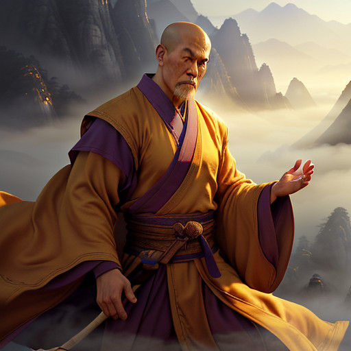 Concept art. Medium shot. A kung-fu blind monk holds out a hand with a pebble. Wide-angle lens. Vibrant, expressive brus...