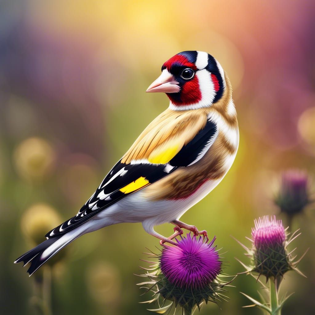European Goldfinch on Thistle, Hyperrealistic Splash Art