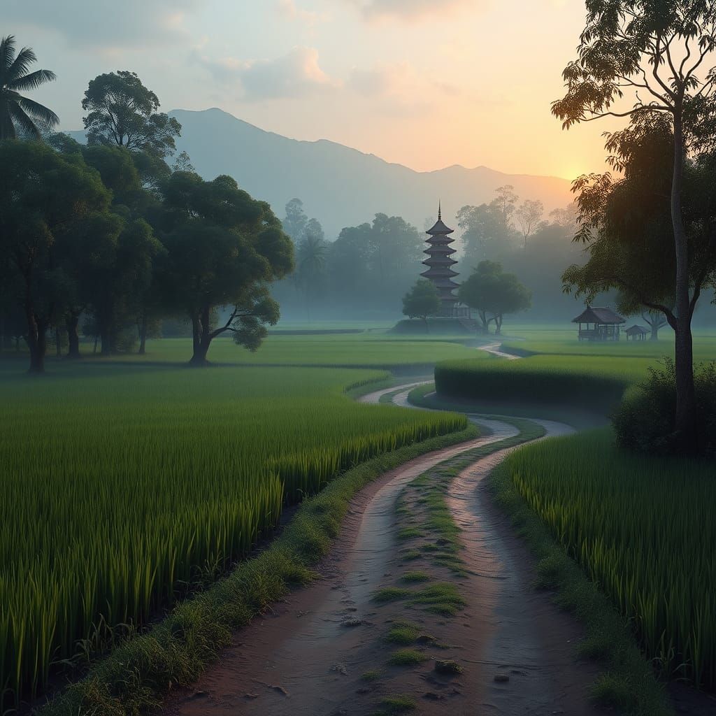 Serene Rice Paddy at Dusk in Fantasy Style