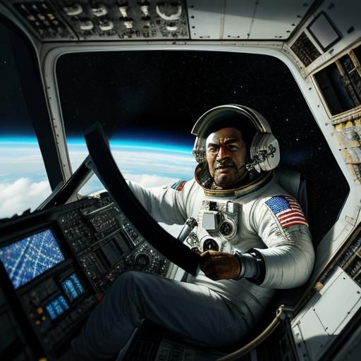 astronaut in a cockpit flying a spaceship