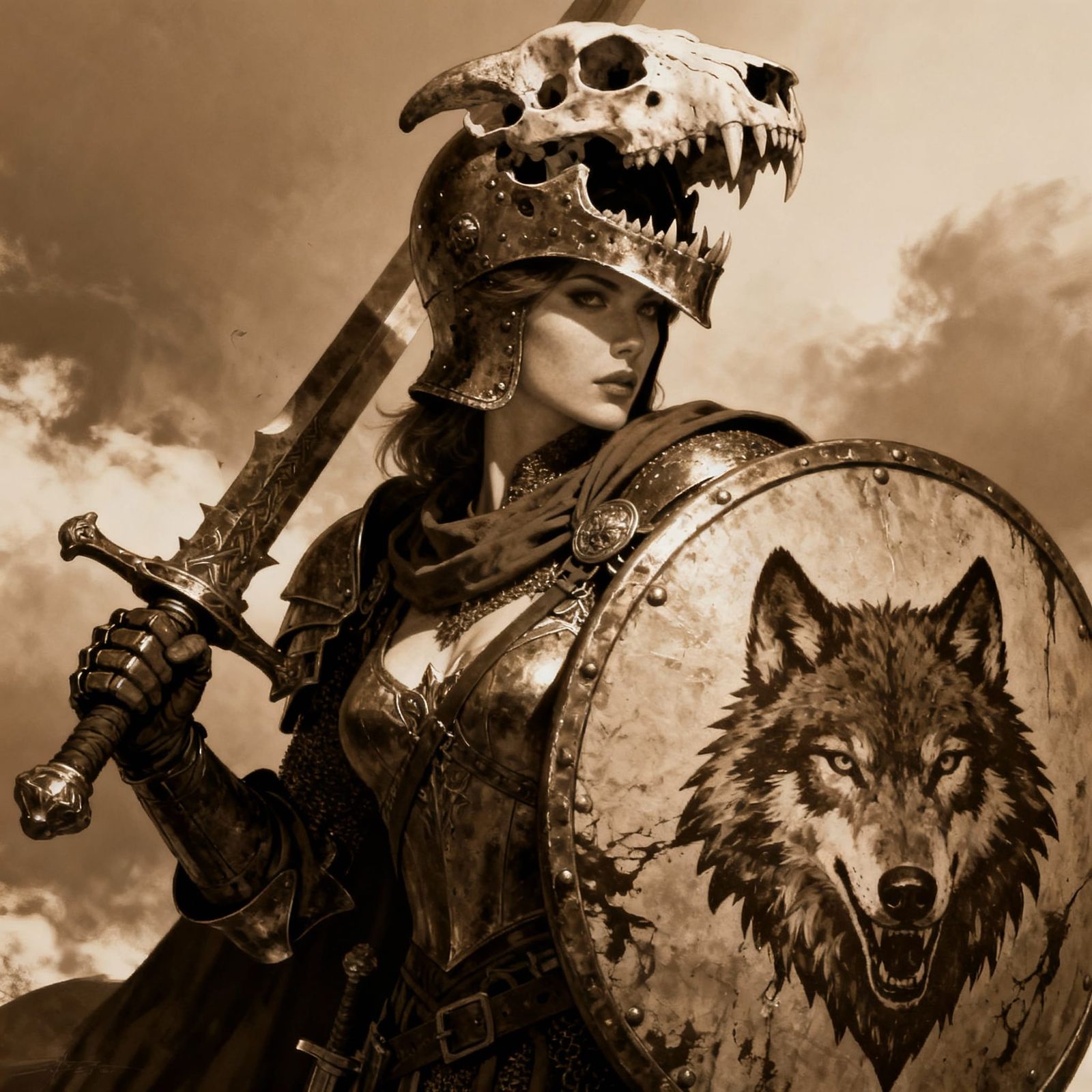 Knight with Wolf Sigil and Skull Helmet, Photorealistic