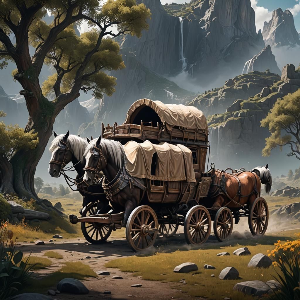 Horse-Drawn Covered Wagon in Detailed Matte Style