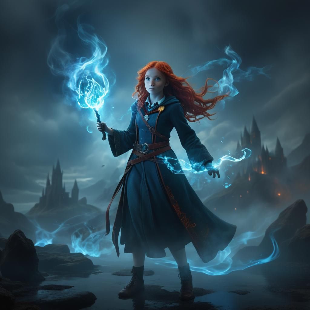 Red-Haired Girl with Otter Patronus in Hogwarts Outfit