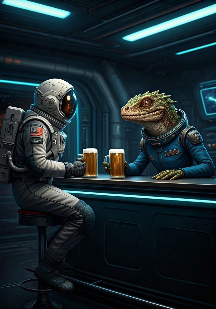 Futuristic Space Bar Encounter in Detailed Sci-Fi Style