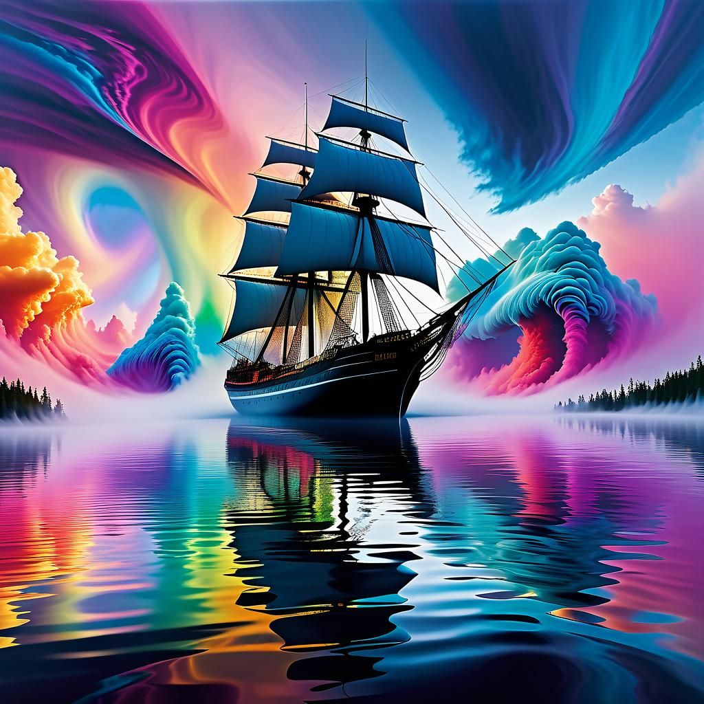Colorful Non-Newtonian Fluid Sailship on Surreal Lake