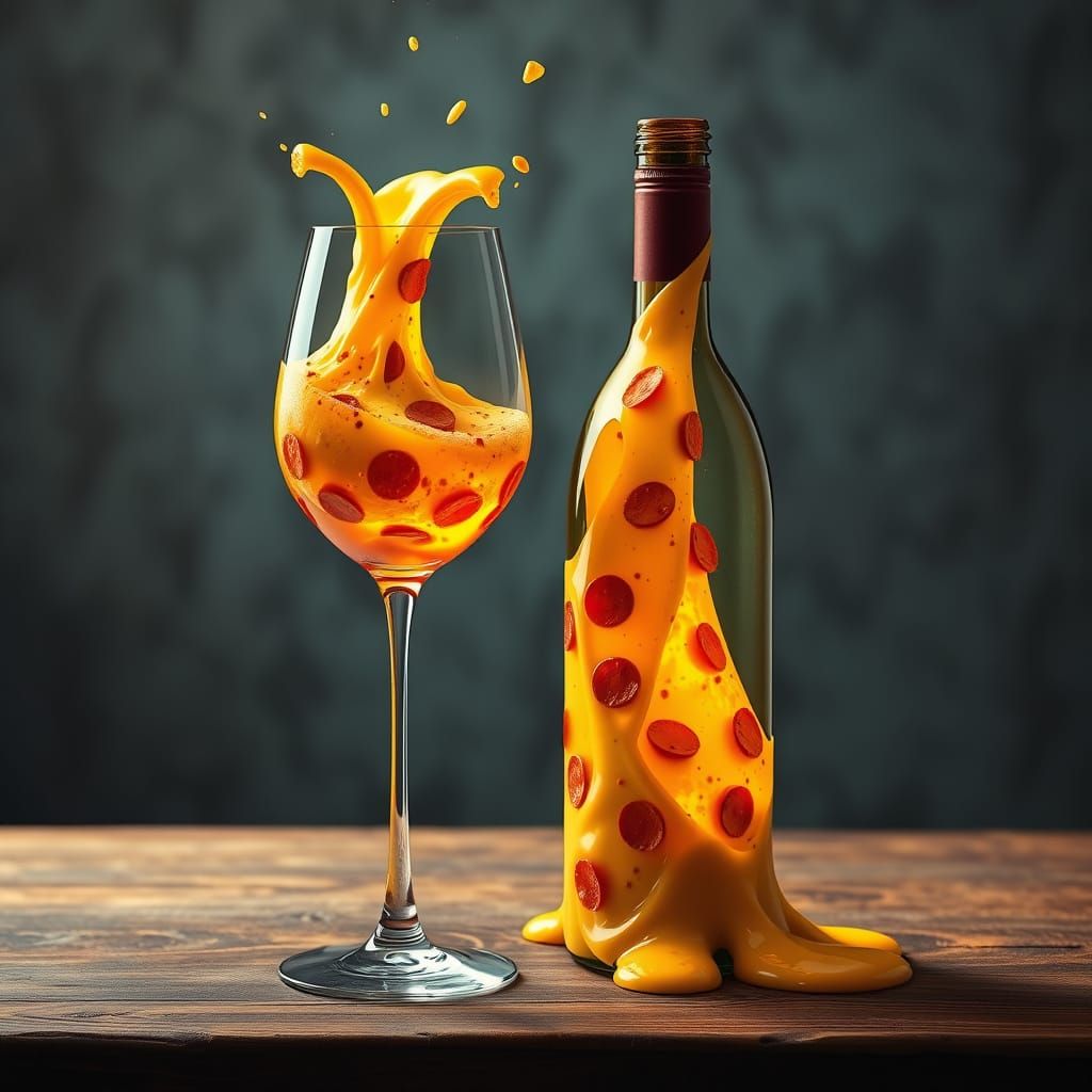Liquid Pizza Overflowing Wine Glass in Futuristic Style