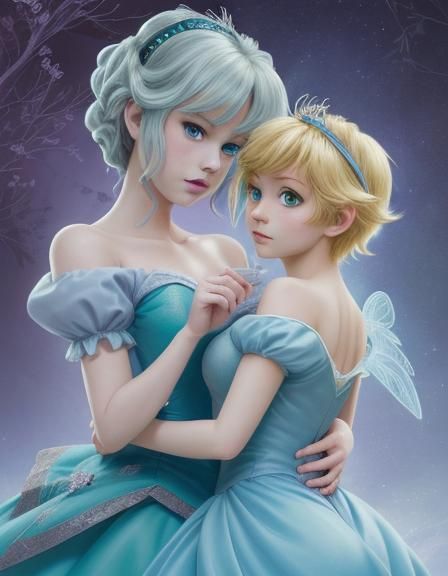 Cinderella and Tinkerbell in Dark Anime Style