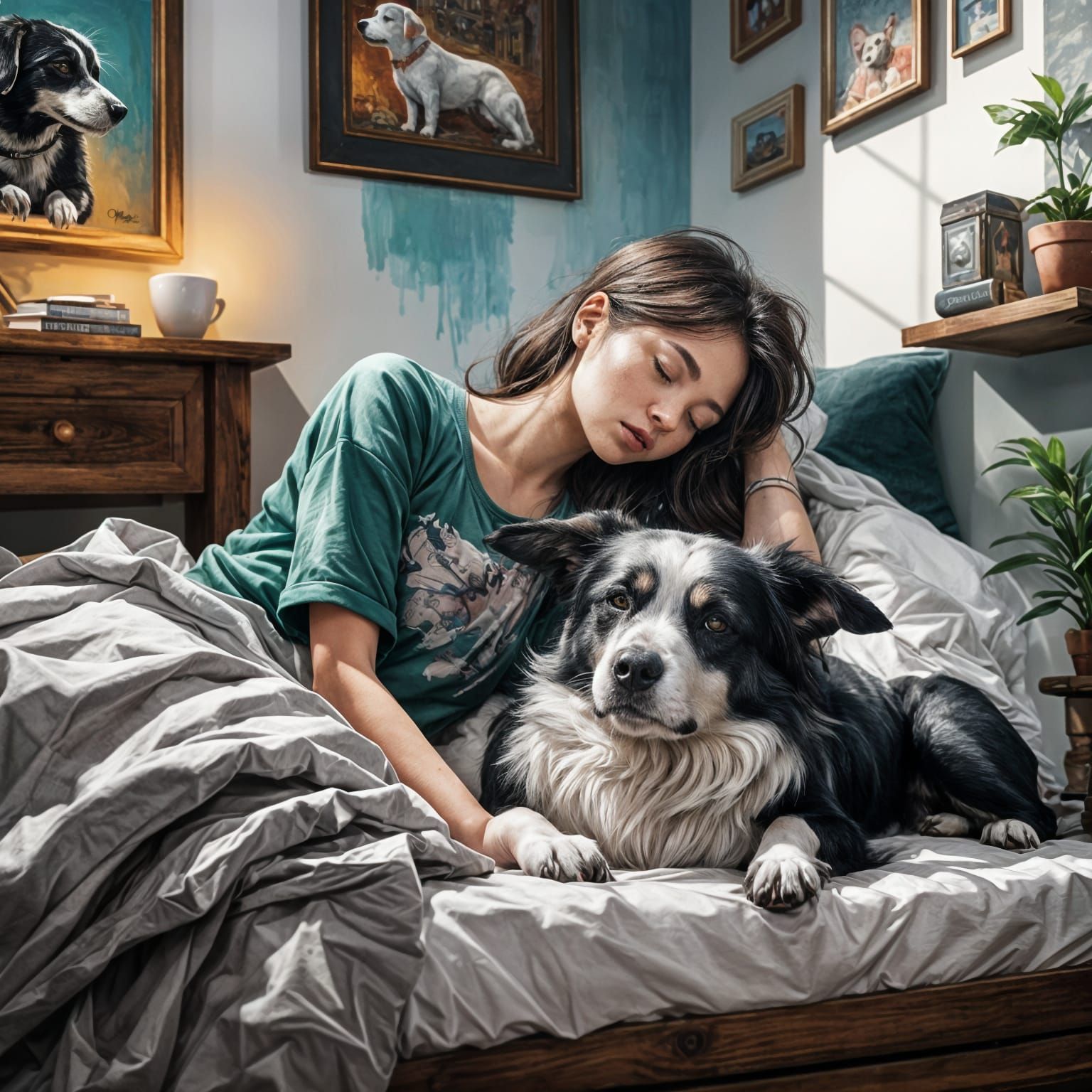 Girl Napping with Dog in Ink Art Style