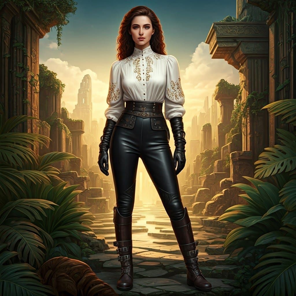 Brunette Adventurer in Art Deco Jungle Ruins