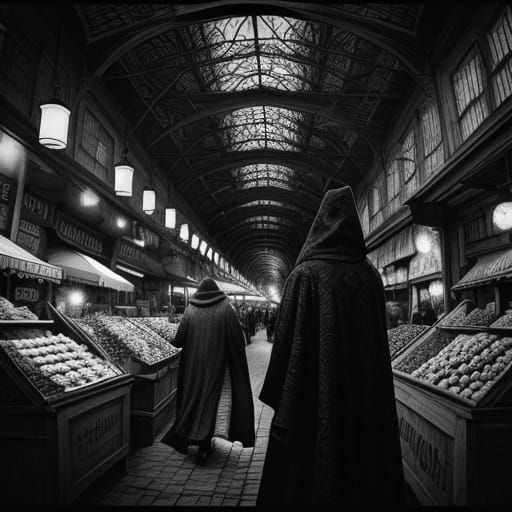 Monochrome Surrealist Alien Market with Inverted Architectur...