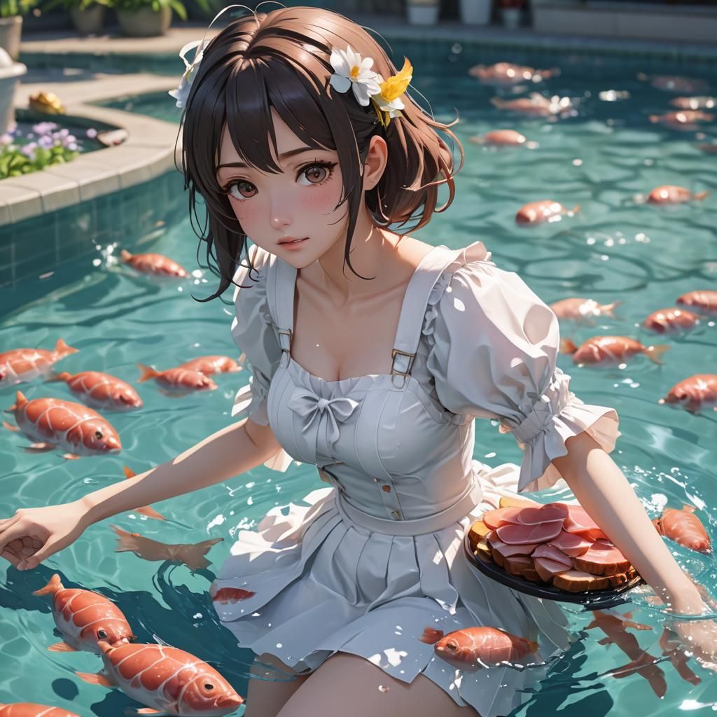 Anime Girl Swimming and Eating Ham: 3D Anime Art