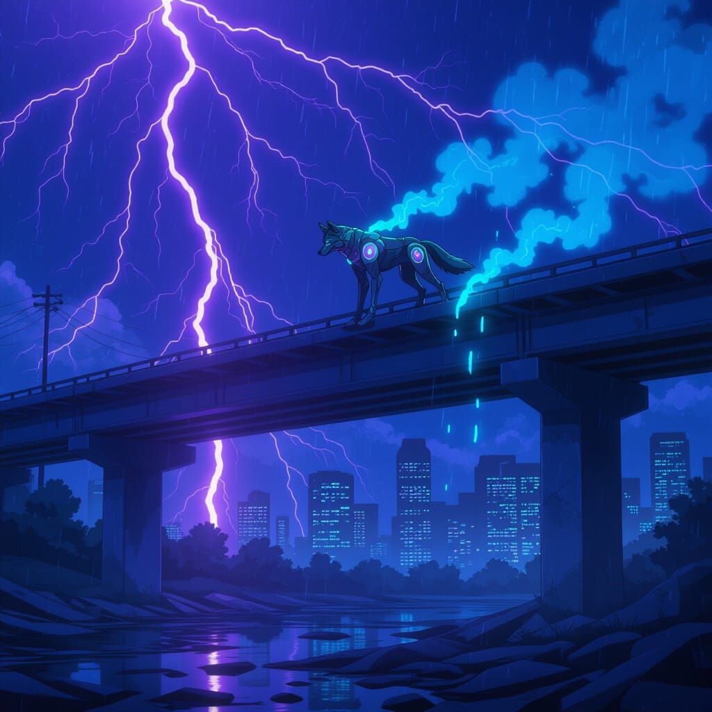 Cybernetic Wolf Howls in Neon Cyberpunk Landscape