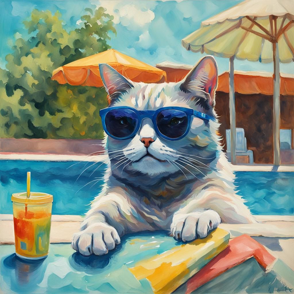 Cat with Sunglasses at Pool in Gouache Style
