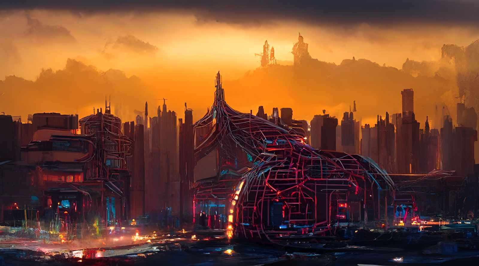 Neon Cyberpunk Cityscape Illustration in Orange and Cyan