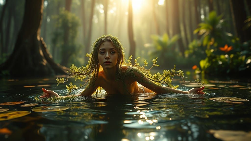 Surreal Forest Nymph Basks in Sunlit Pond with Dendritic Fil...