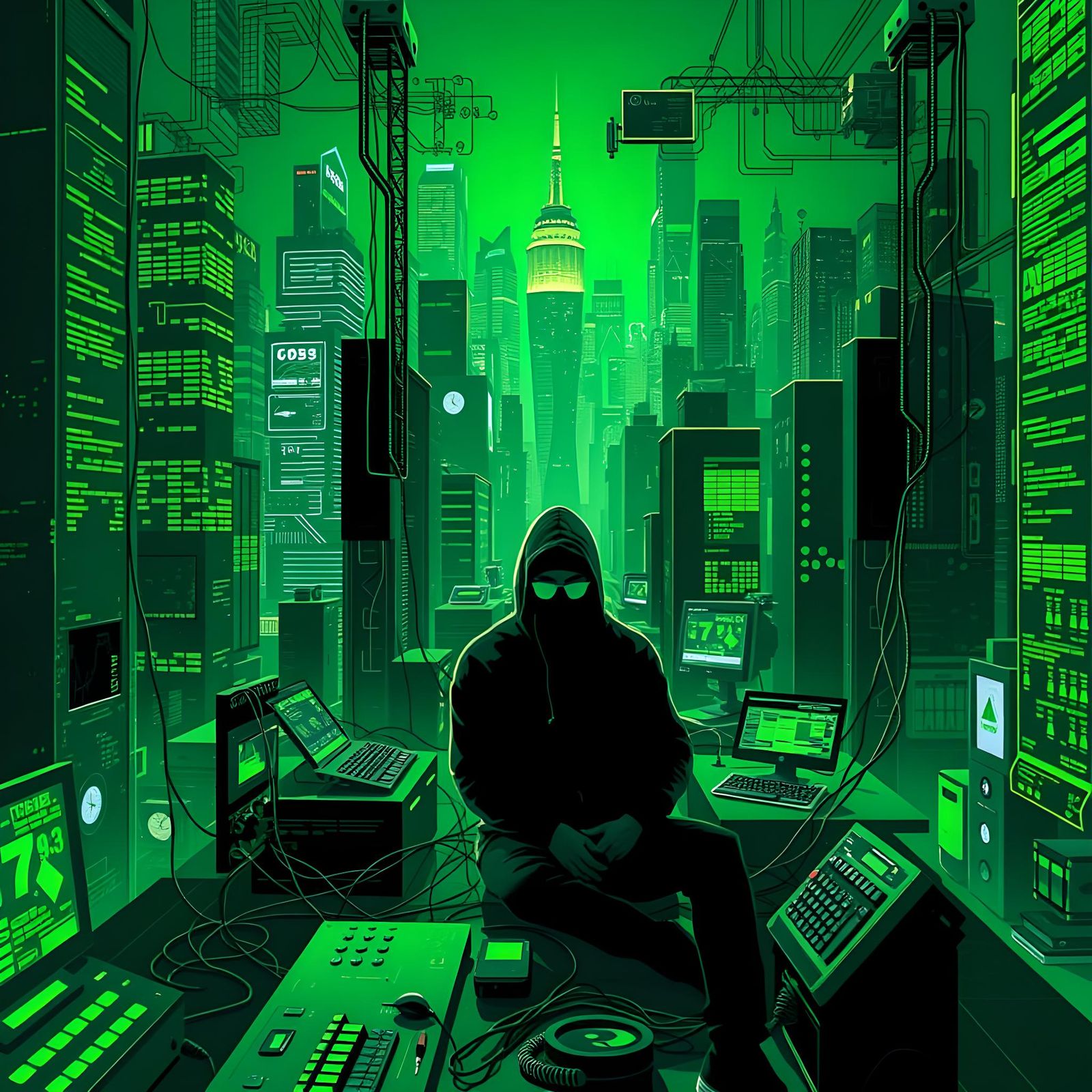 Cyberpunk Hacker in Neon Green Pointillism Style